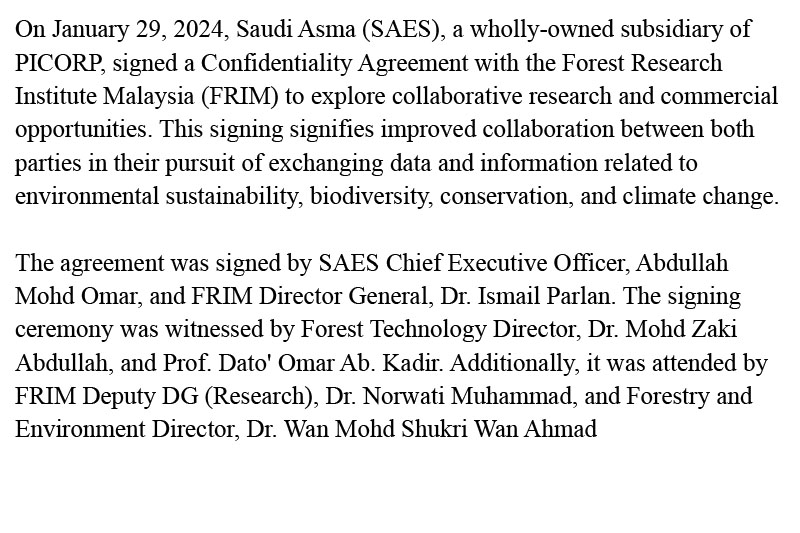 SAUDI ASMA (SAES) SIGNS CONFIDENTIALITY AGREEMENT WITH FOREST RESEARCH INSTITUTE MALAYSIA (FRIM)